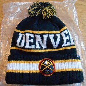 Denver Nuggets NBA Blue Yellow White Striped Beanie Hat with Rib Cuff Pom Pom